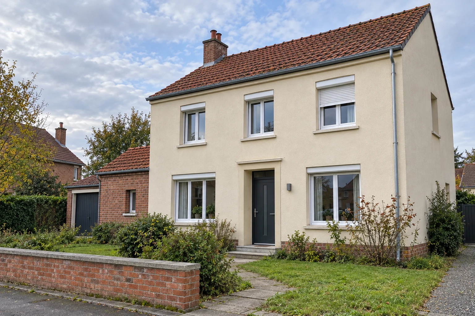 Illustration d’une maison du Nord avec façade claire, toiture en tuiles et jardin