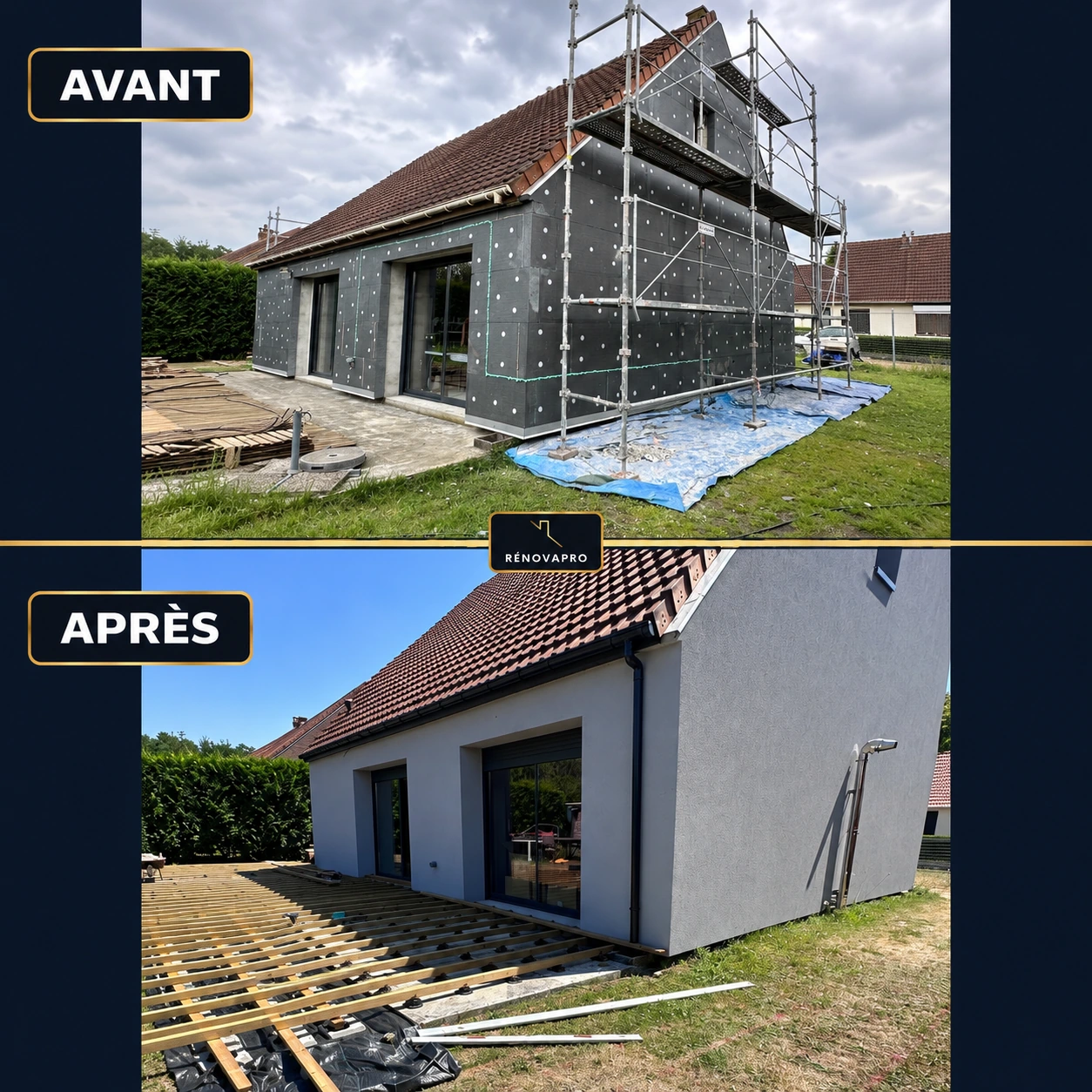 Montage d’une maison : panneaux isolants apparents sous échafaudage en haut, façade enduite et menuiseries anthracite en bas